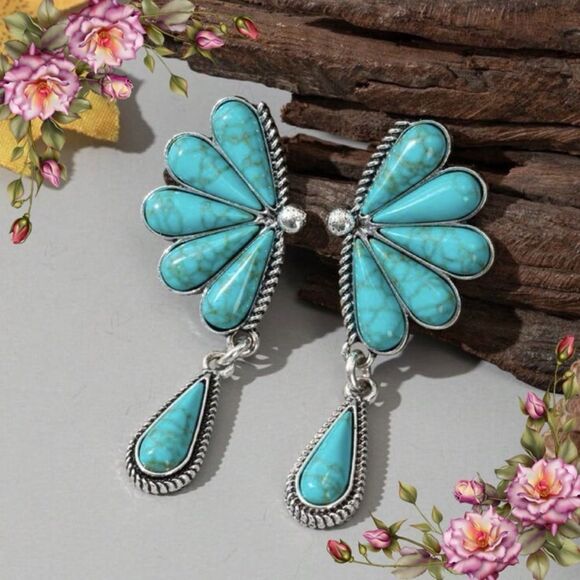 Vintage Bohemian Western Style Butterfly Fake Turquoise Zinc Alloy Earrings - Picture 1 of 11